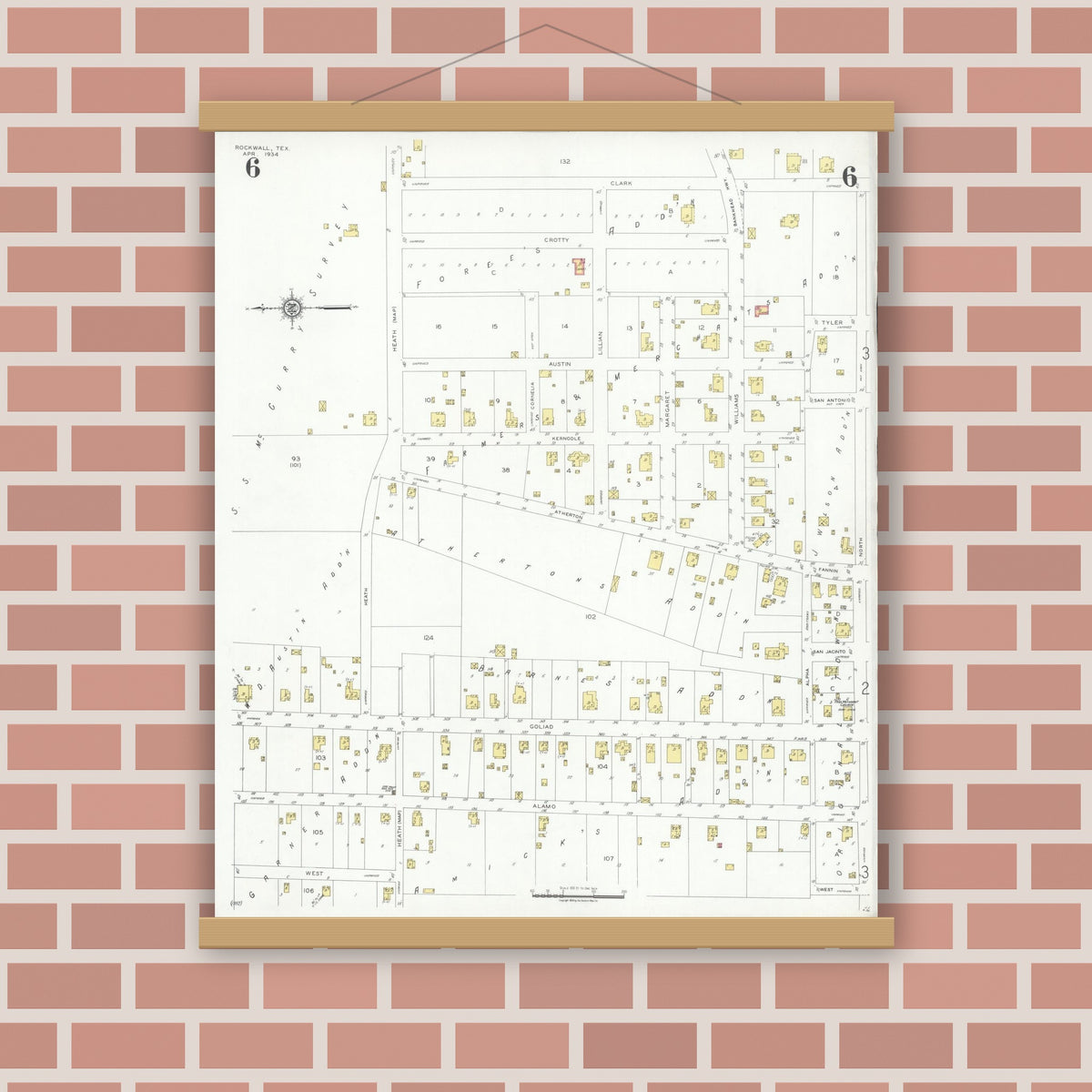 Old map wall art mockup — magnetic wood frame on brick wall — Sanborn Fire Insurance Map from Rockwall, Rockwall County, Texas (1934), Sheet #0006