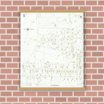 Old map wall art mockup — magnetic wood frame on brick wall — Sanborn Fire Insurance Map from Rockwall, Rockwall County, Texas (1934), Sheet #0006