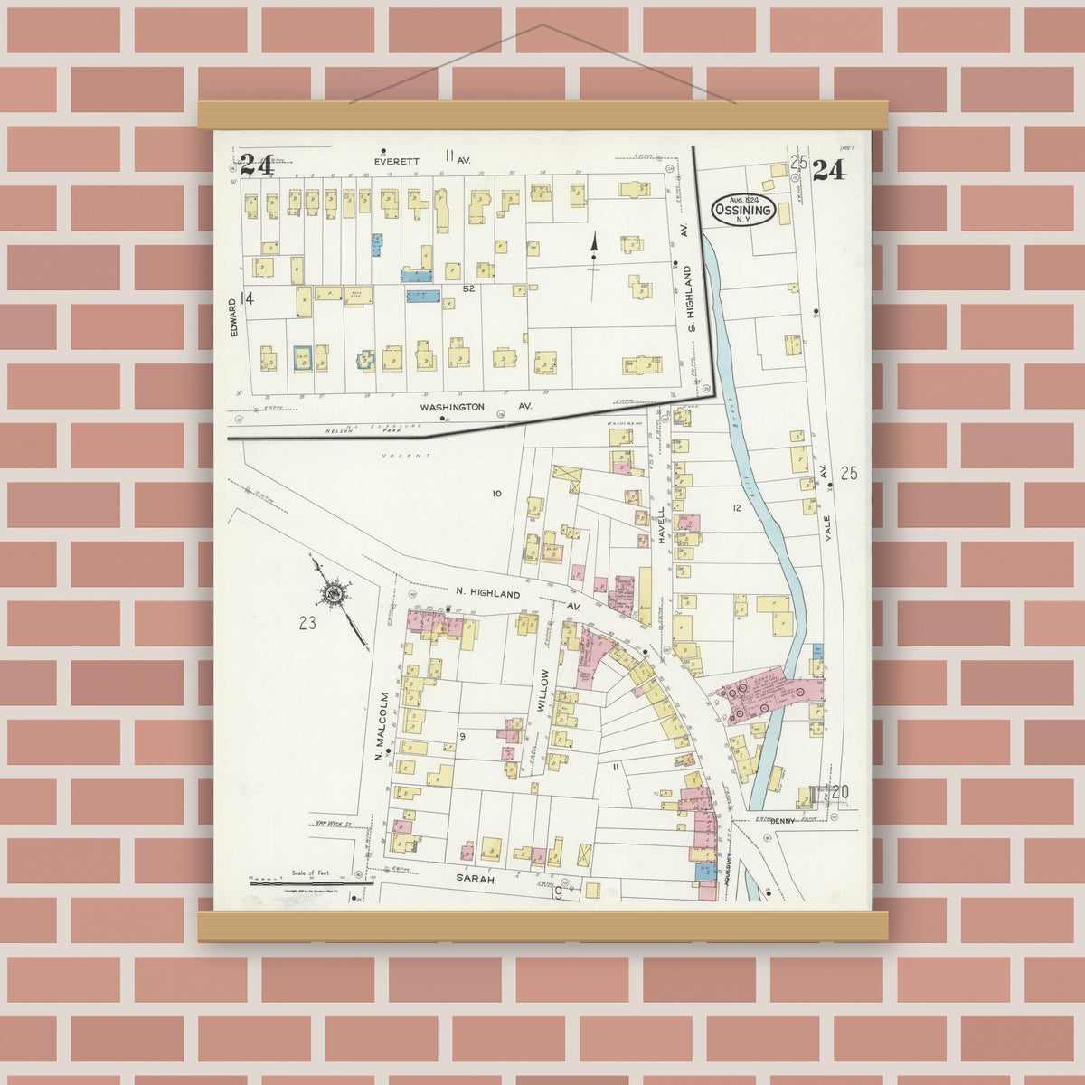 Old map wall art mockup — magnetic wood frame on brick wall — Sanborn Fire Insurance Map from Ossining, Westchester County, New York (1924), Sheet #0024