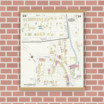 Old map wall art mockup — magnetic wood frame on brick wall — Sanborn Fire Insurance Map from Ossining, Westchester County, New York (1924), Sheet #0024