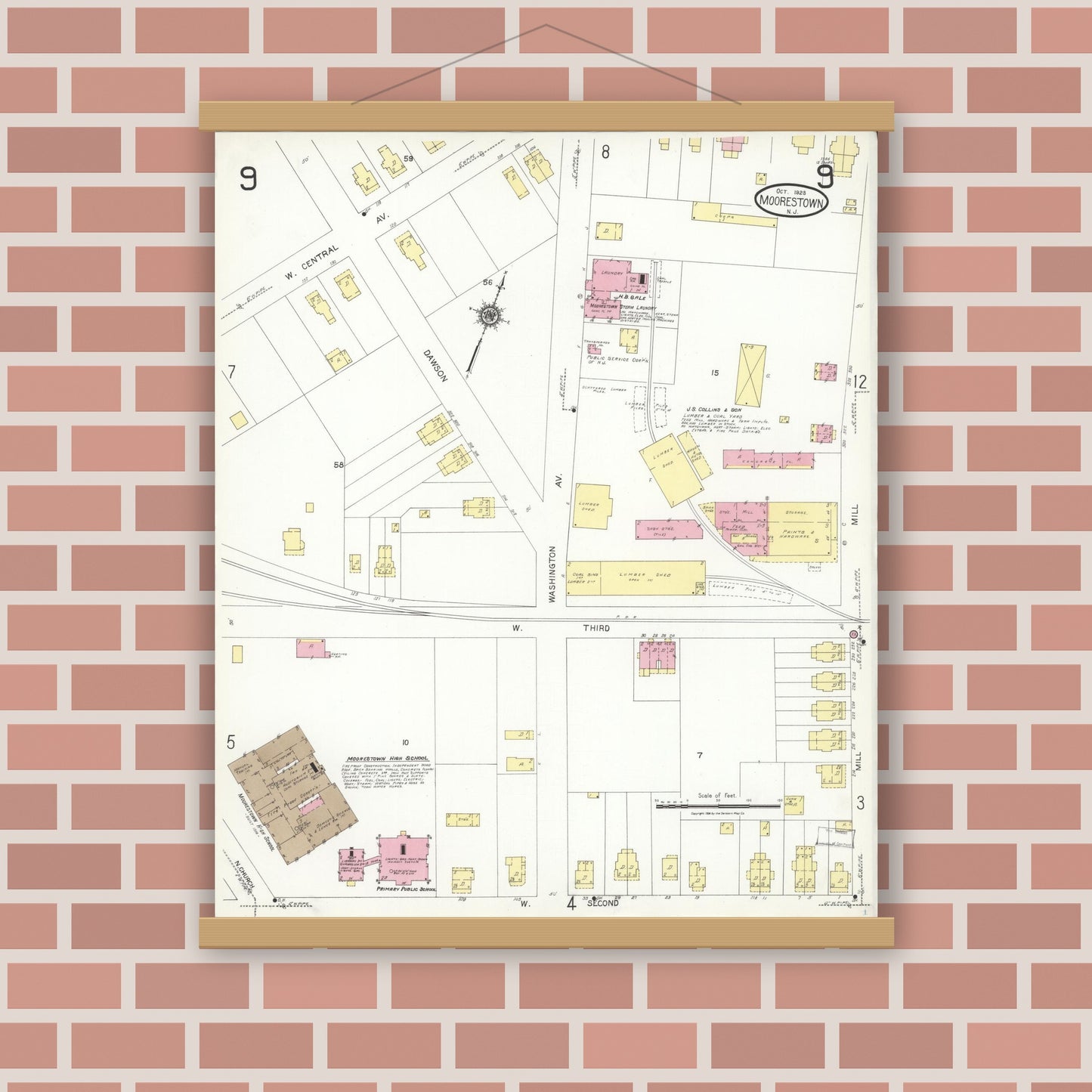 Old map wall art mockup — magnetic wood frame on brick wall — Sanborn Fire Insurance Map from Moorestown, Burlington County, New Jersey (1923), Sheet #0009