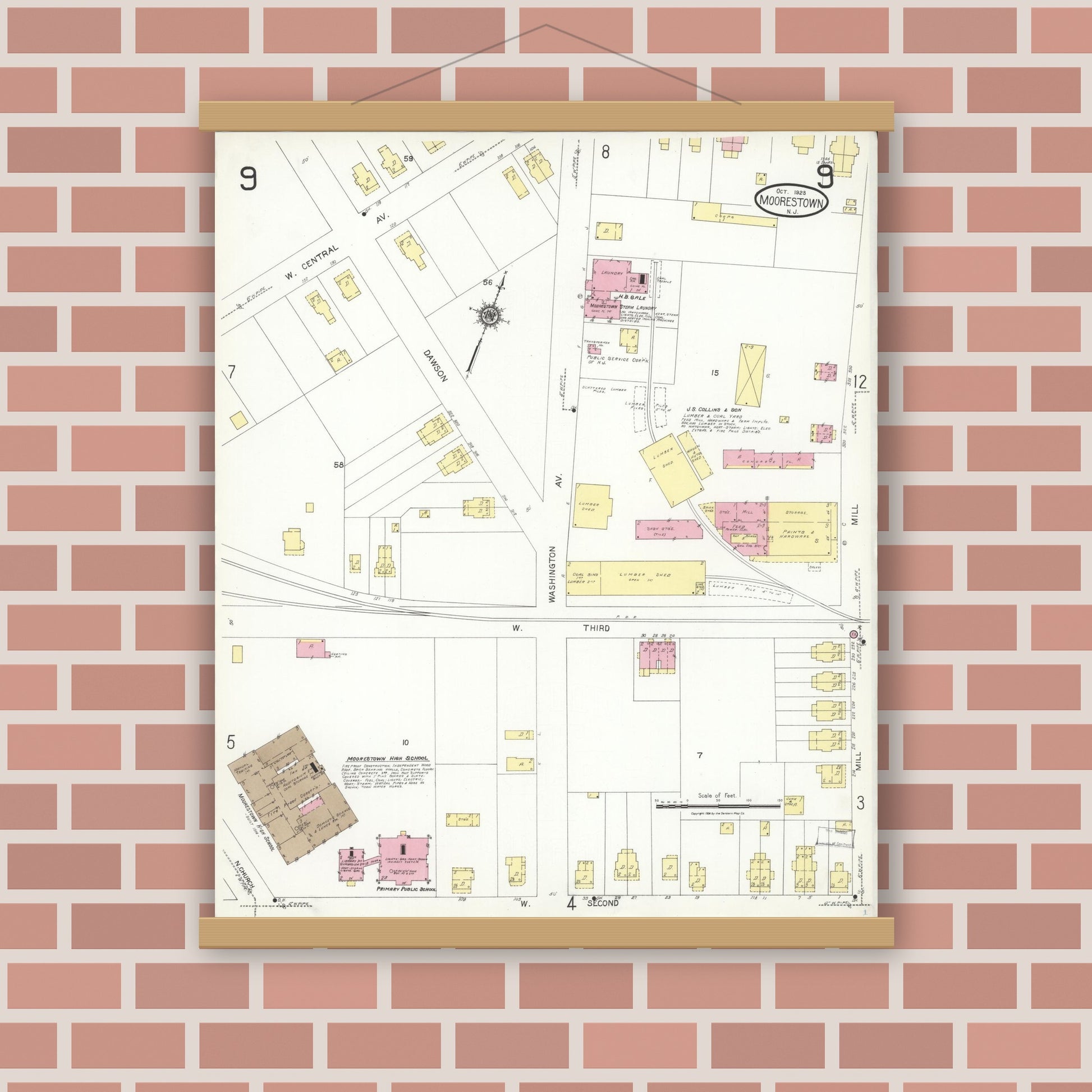 Old map wall art mockup — magnetic wood frame on brick wall — Sanborn Fire Insurance Map from Moorestown, Burlington County, New Jersey (1923), Sheet #0009
