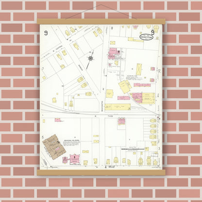 Old map wall art mockup — magnetic wood frame on brick wall — Sanborn Fire Insurance Map from Moorestown, Burlington County, New Jersey (1923), Sheet #0009