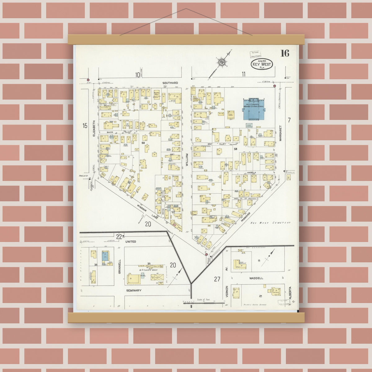 Old map wall art mockup — magnetic wood frame on brick wall — Sanborn Fire Insurance Map from Key West, Monroe County, Florida (1912), Sheet #0016