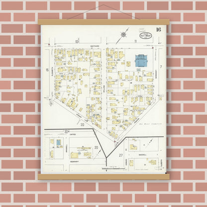 Old map wall art mockup — magnetic wood frame on brick wall — Sanborn Fire Insurance Map from Key West, Monroe County, Florida (1912), Sheet #0016