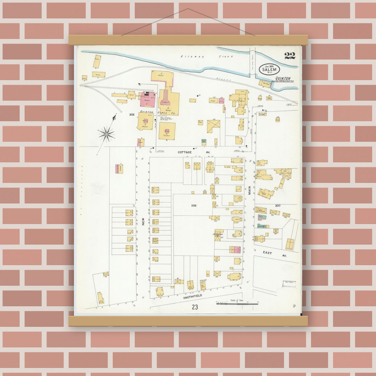 Old map wall art mockup — magnetic wood frame on brick wall — Sanborn Fire Insurance Map from Salem, Salem County, New Jersey (1909), Sheet #0022