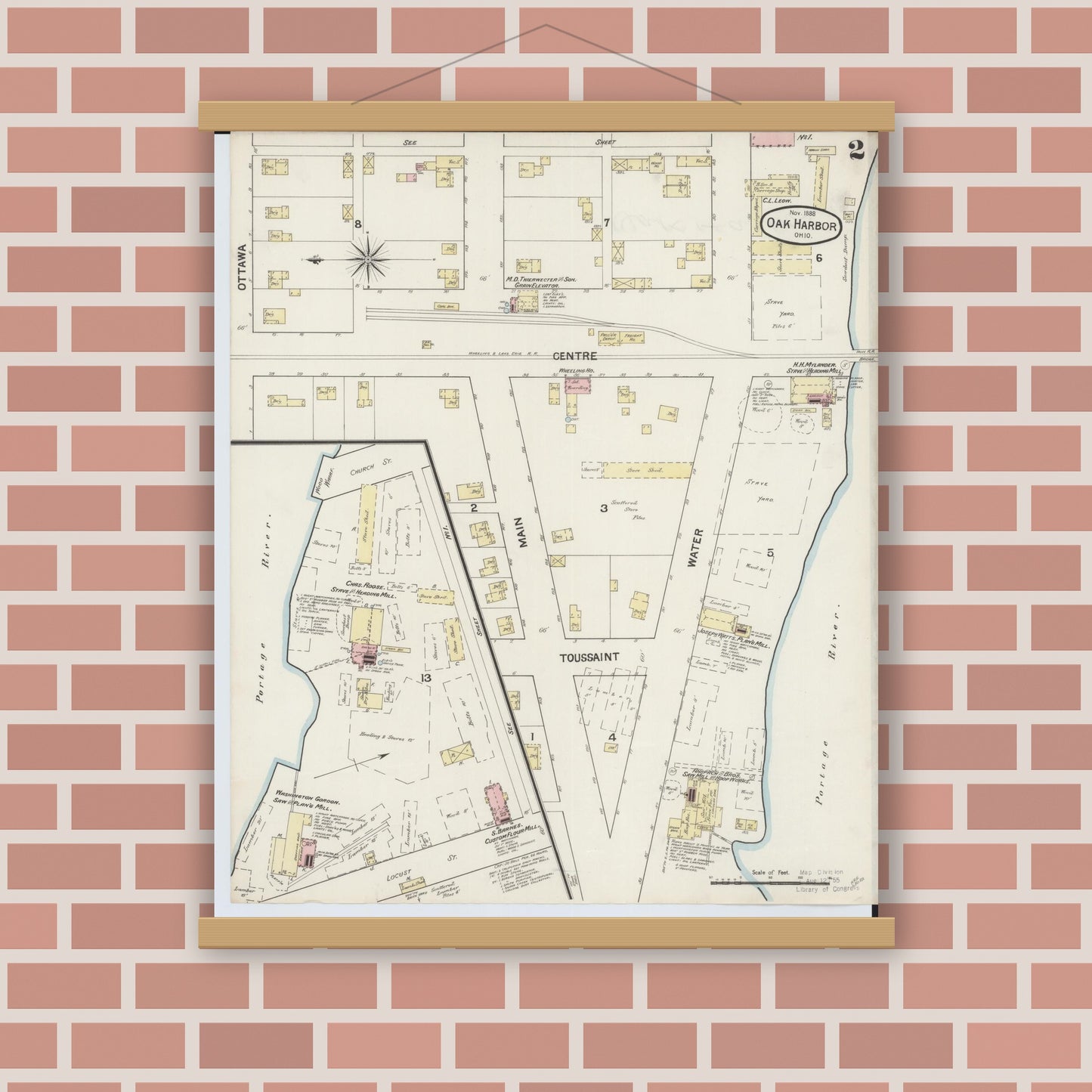 Old map wall art mockup — magnetic wood frame on brick wall — Sanborn Fire Insurance Map from Oak Harbor, Ottawa County, Ohio (1888), Sheet #0002