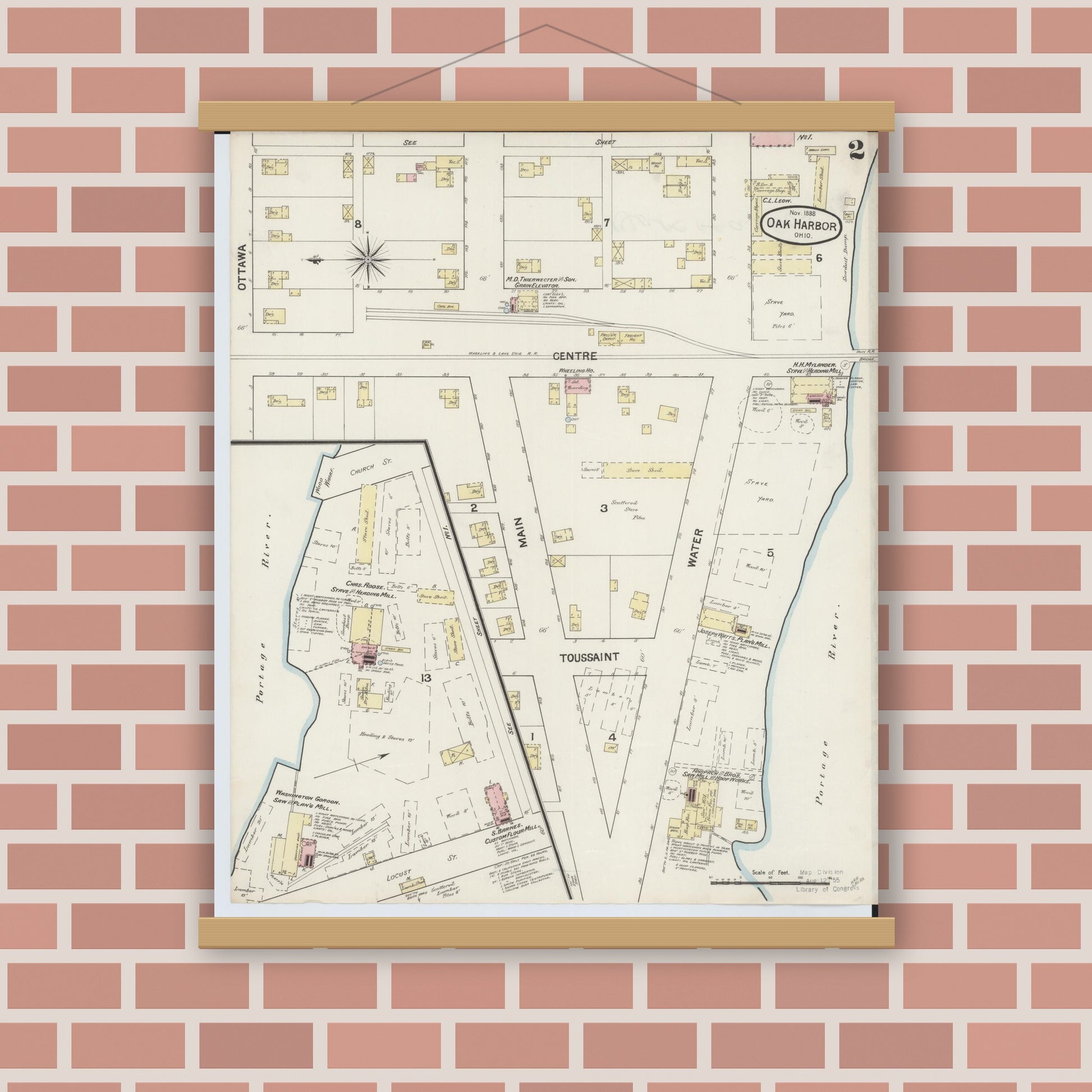 Old map wall art mockup — magnetic wood frame on brick wall — Sanborn Fire Insurance Map from Oak Harbor, Ottawa County, Ohio (1888), Sheet #0002