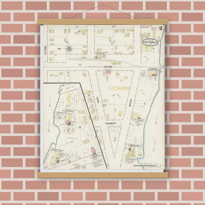 Old map wall art mockup — magnetic wood frame on brick wall — Sanborn Fire Insurance Map from Oak Harbor, Ottawa County, Ohio (1888), Sheet #0002