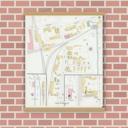 Old map wall art mockup — magnetic wood frame on brick wall — Sanborn Fire Insurance Map from Clinton, Worcester County, Massachusetts (1899), Sheet #0006