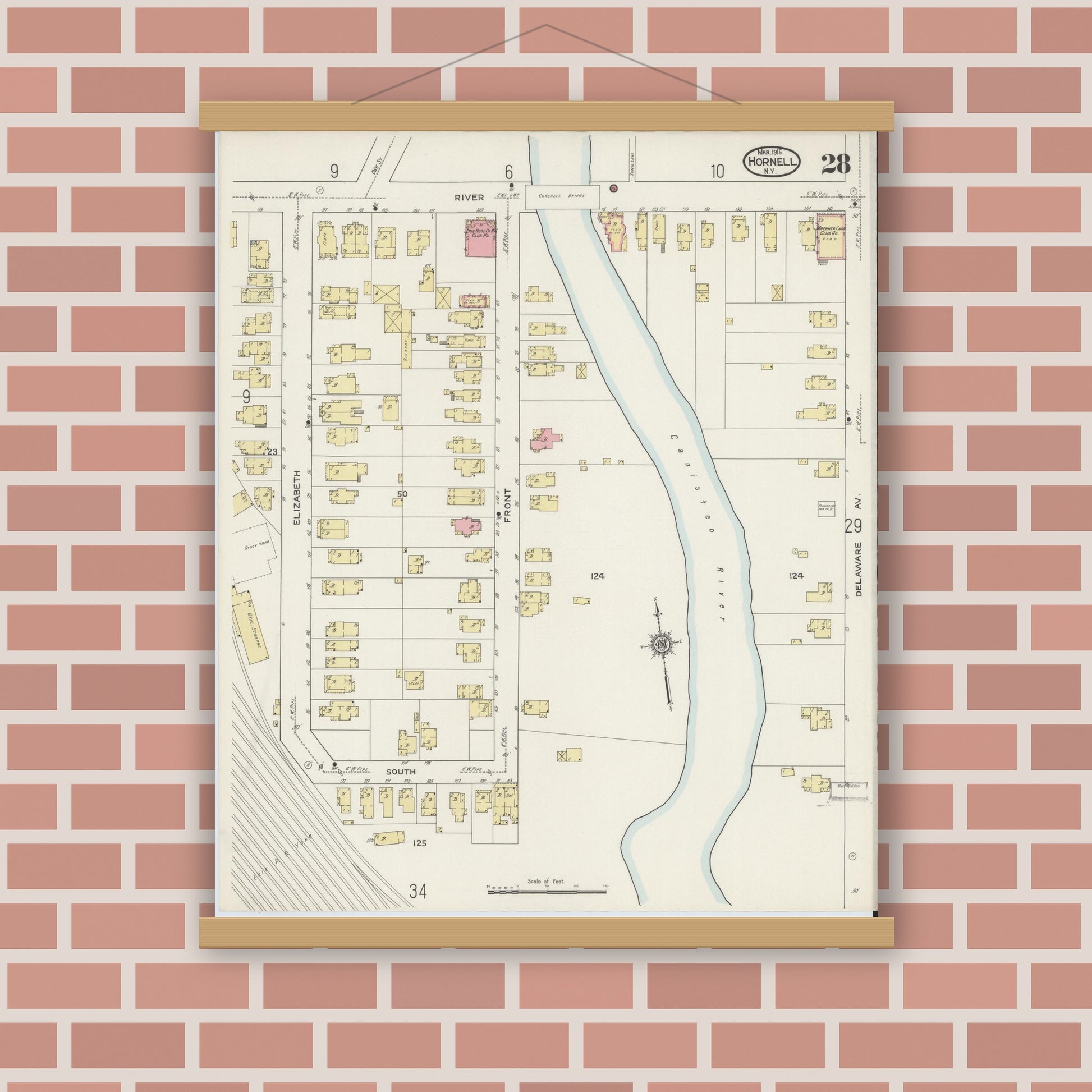 Old map wall art mockup — magnetic wood frame on brick wall — Sanborn Fire Insurance Map from Hornell, Steuben County, New York (1915), Sheet #0028