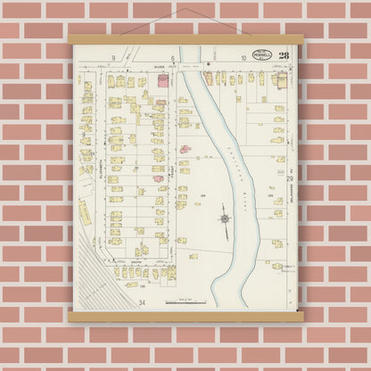 Old map wall art mockup — magnetic wood frame on brick wall — Sanborn Fire Insurance Map from Hornell, Steuben County, New York (1915), Sheet #0028