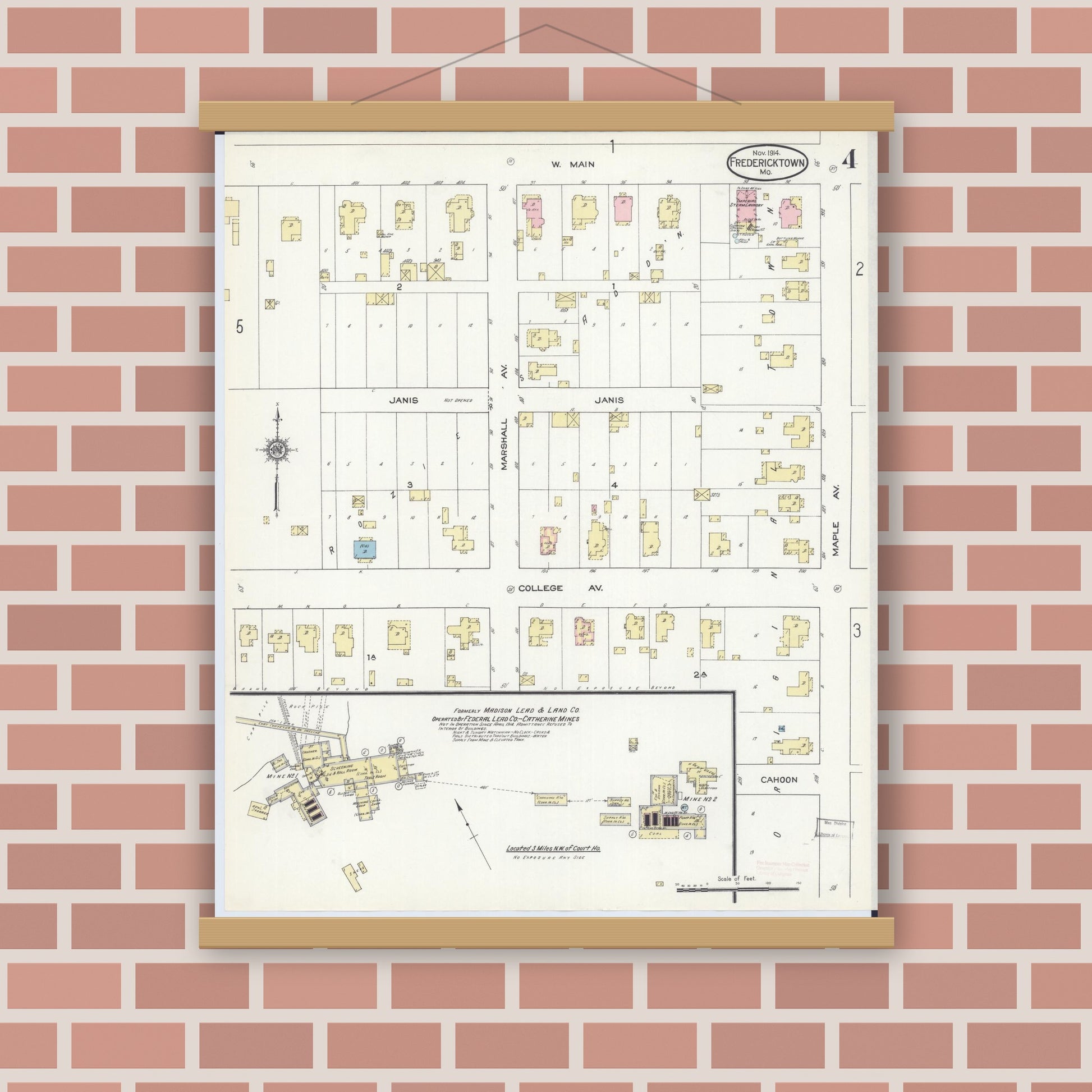 Old map wall art mockup — magnetic wood frame on brick wall — Sanborn Fire Insurance Map from Fredericktown, Madison County, Missouri (1914), Sheet #0004