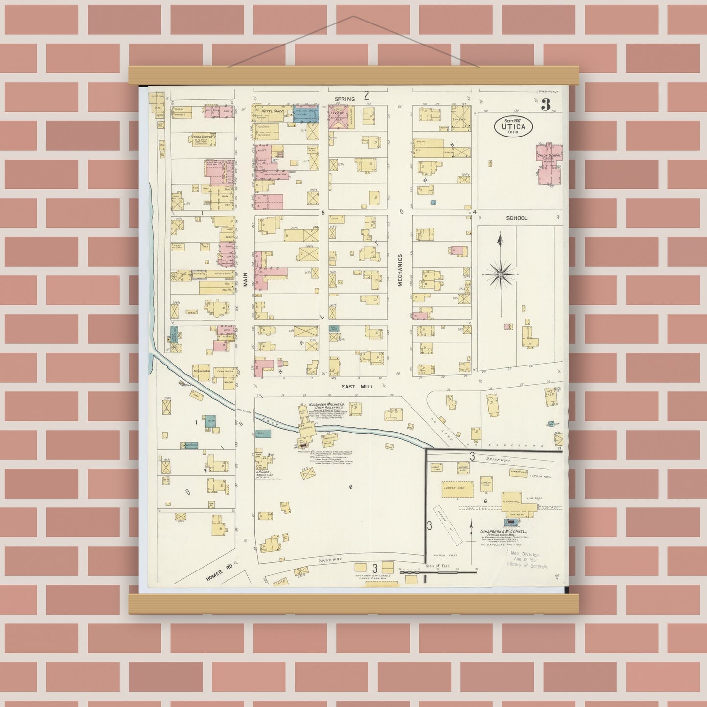 Old map wall art mockup — magnetic wood frame on brick wall — Sanborn Fire Insurance Map from Utica, Licking County, Ohio (1907), Sheet #0003