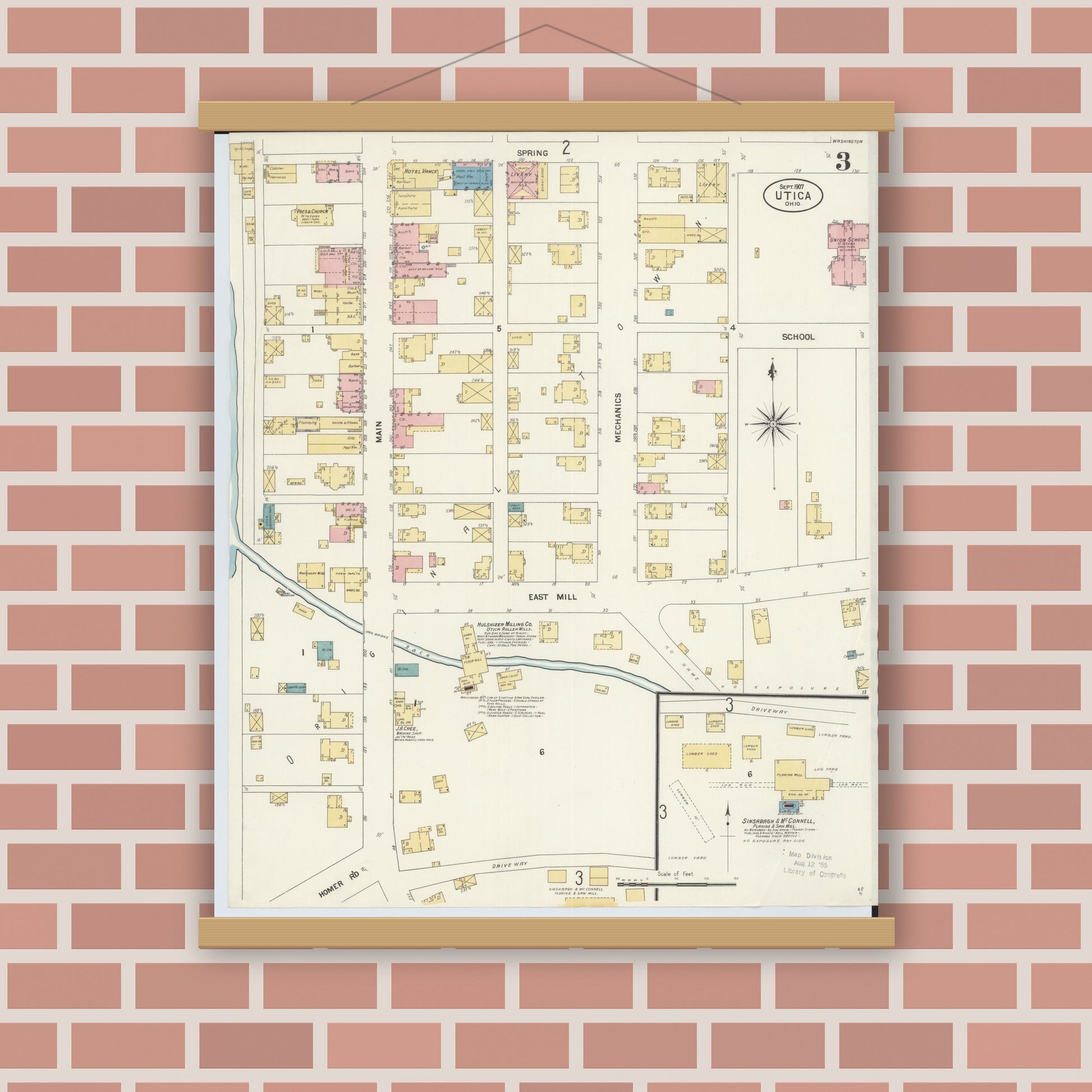 Old map wall art mockup — magnetic wood frame on brick wall — Sanborn Fire Insurance Map from Utica, Licking County, Ohio (1907), Sheet #0003