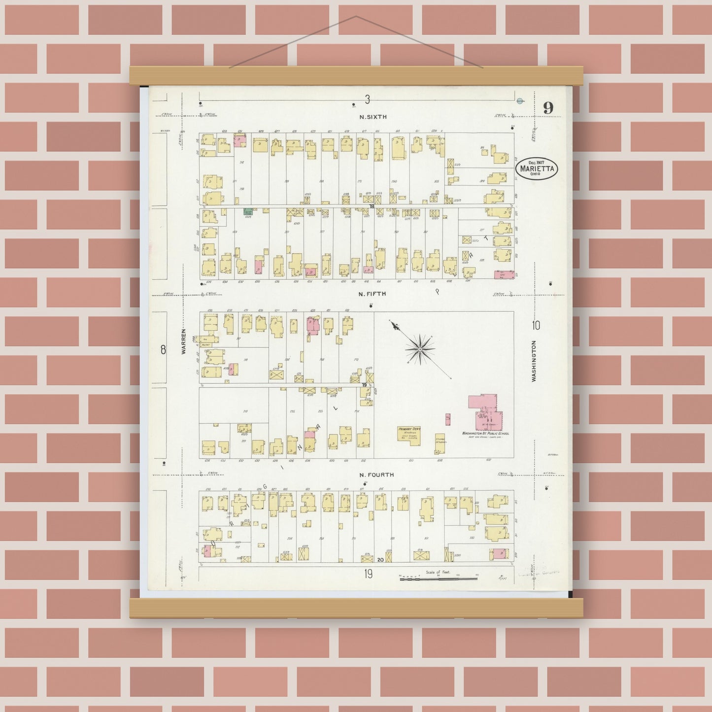 Old map wall art mockup — magnetic wood frame on brick wall — Sanborn Fire Insurance Map from Marietta, Washington County, Ohio (1907), Sheet #0009