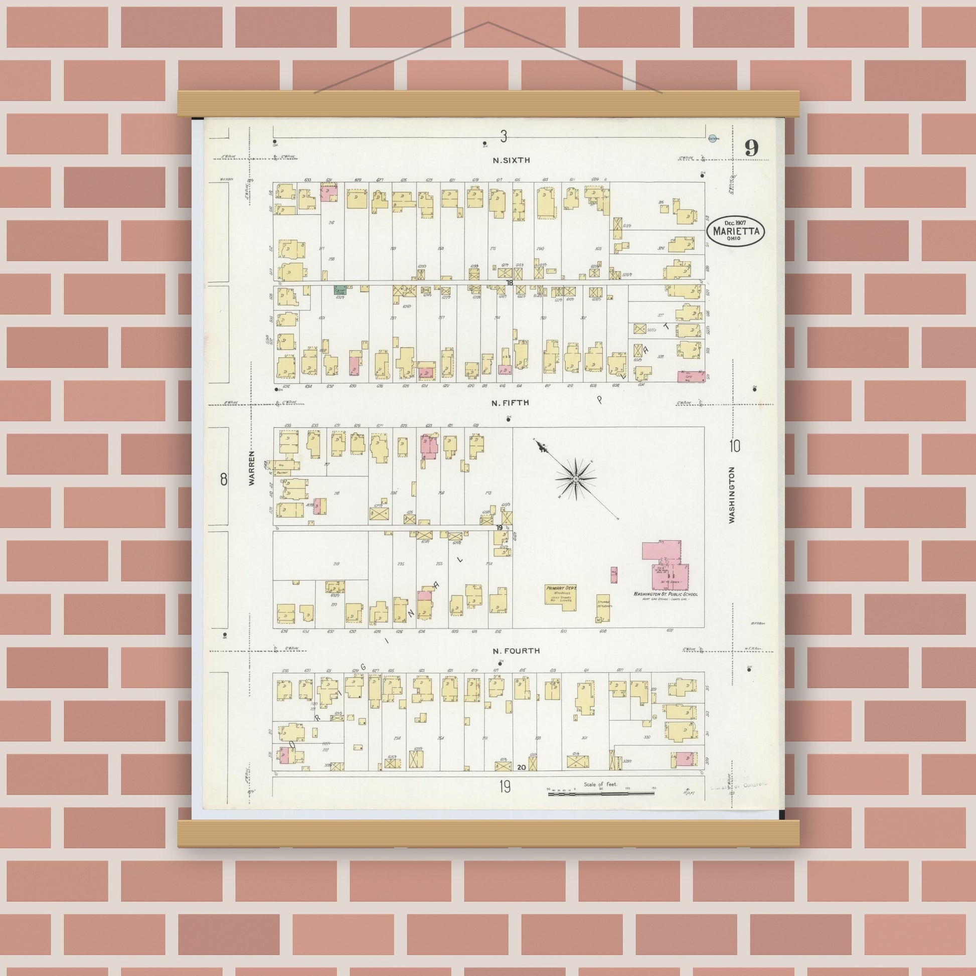 Old map wall art mockup — magnetic wood frame on brick wall — Sanborn Fire Insurance Map from Marietta, Washington County, Ohio (1907), Sheet #0009