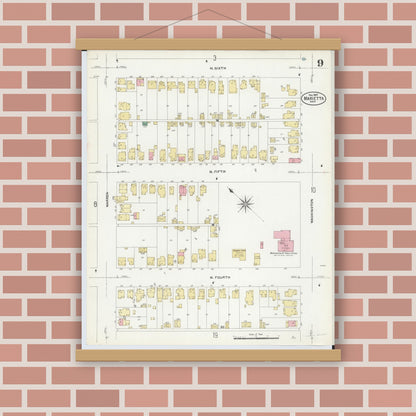 Old map wall art mockup — magnetic wood frame on brick wall — Sanborn Fire Insurance Map from Marietta, Washington County, Ohio (1907), Sheet #0009