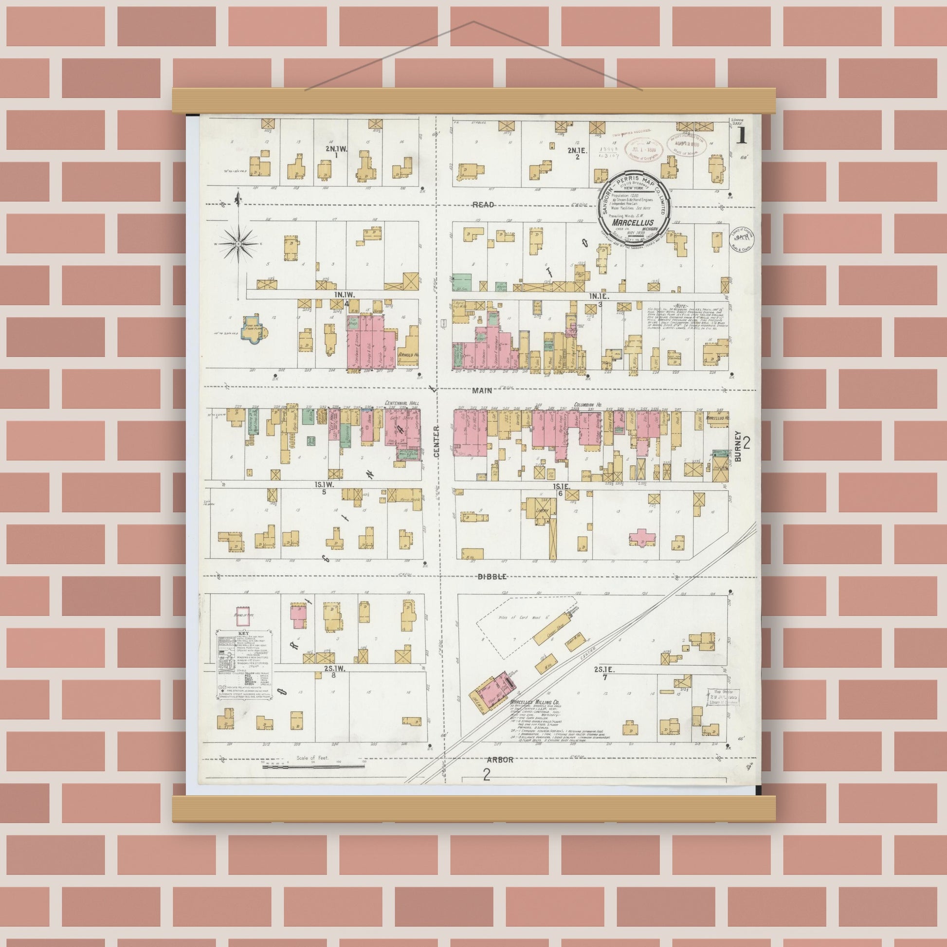 Old map wall art mockup — magnetic wood frame on brick wall — Sanborn Fire Insurance Map from Marcellus, Cass County, Michigan (1899) - Complete Map Set