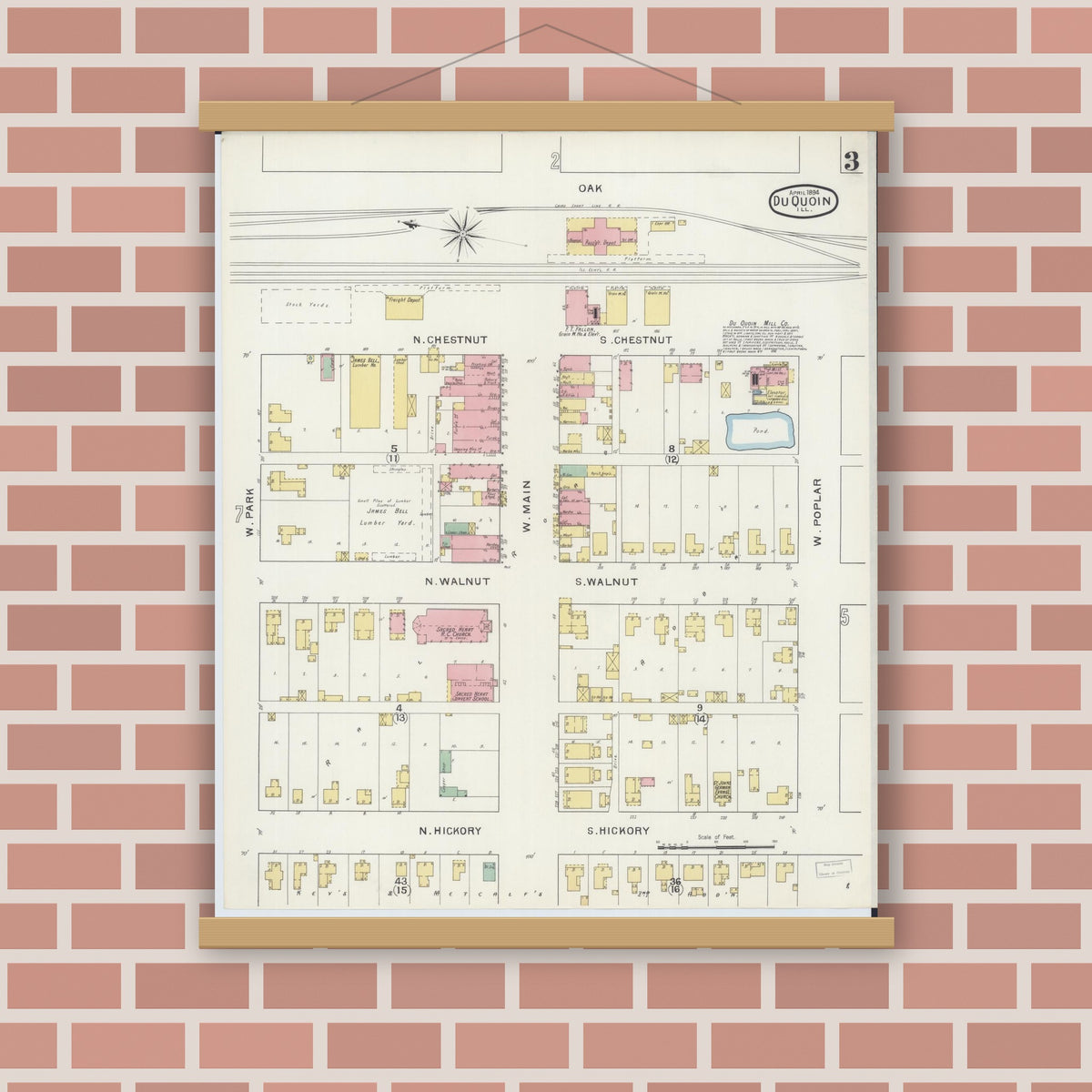 Old map wall art mockup — magnetic wood frame on brick wall — Sanborn Fire Insurance Map from Du Quoin, Perry County, Illinois (1894), Sheet #0003