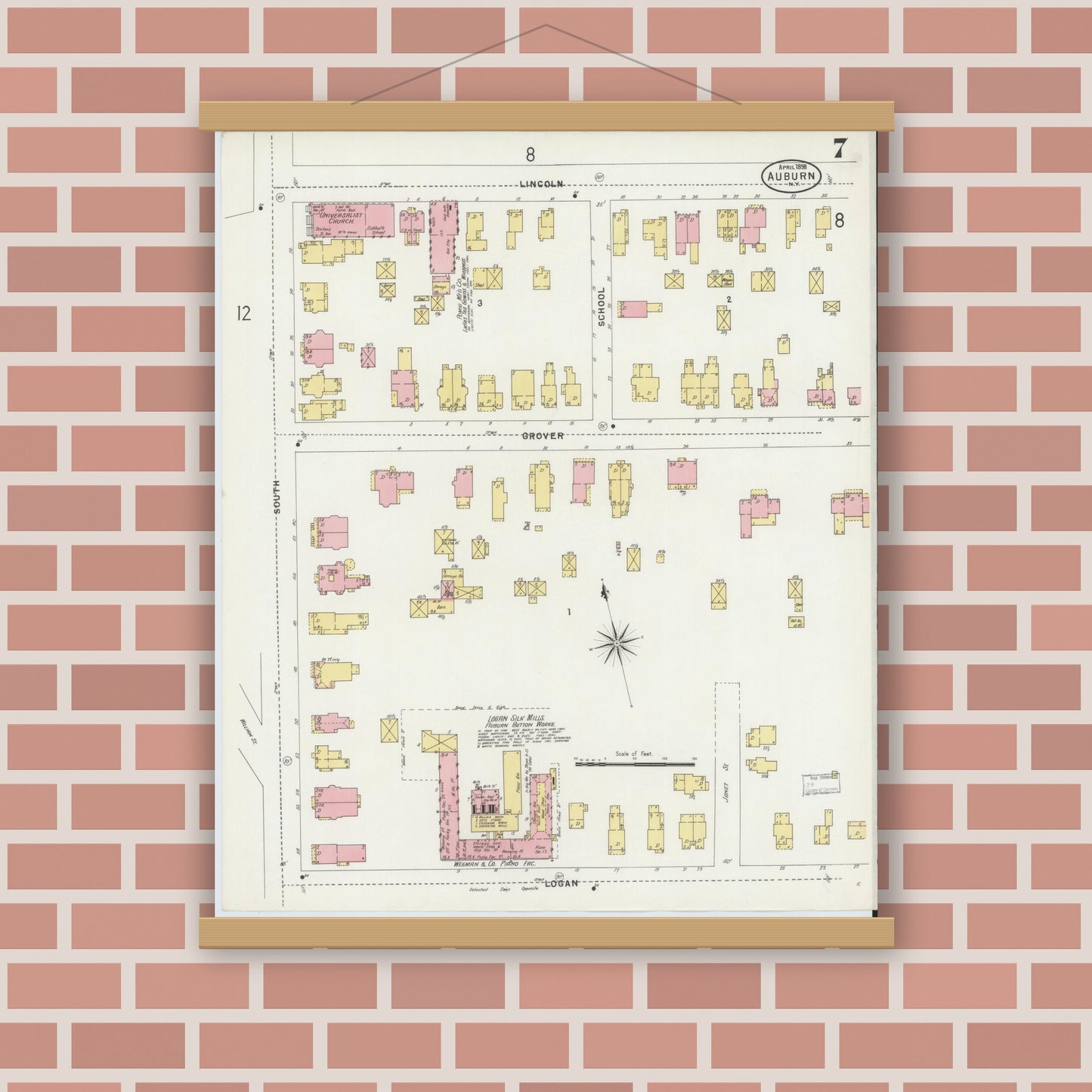 Old map wall art mockup — magnetic wood frame on brick wall — Sanborn Fire Insurance Map from Auburn, Cayuga County, New York (1898), Sheet #0007