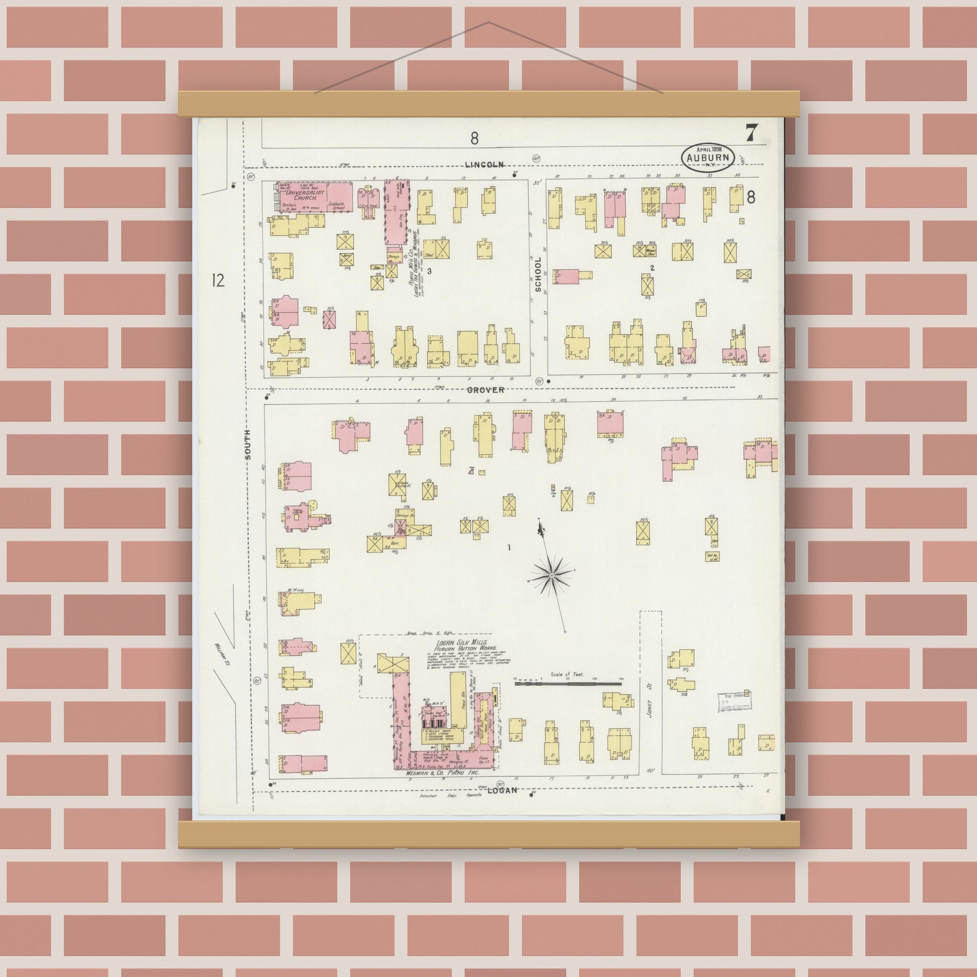 Old map wall art mockup — magnetic wood frame on brick wall — Sanborn Fire Insurance Map from Auburn, Cayuga County, New York (1898), Sheet #0007