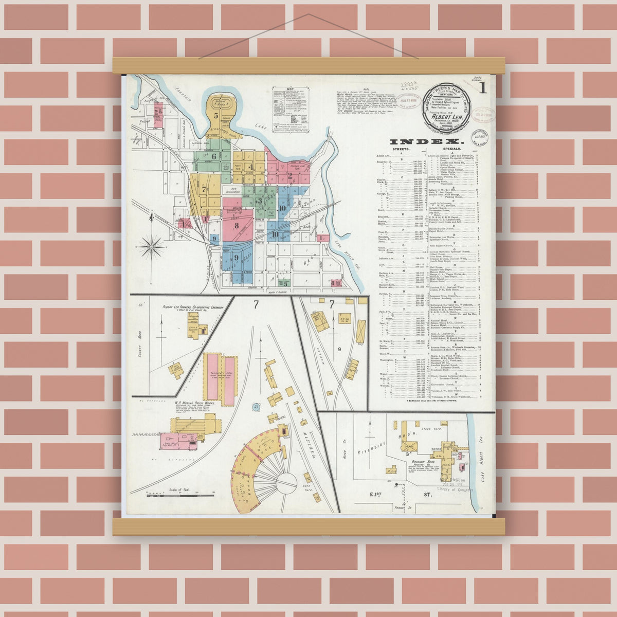 Old map wall art mockup — magnetic wood frame on brick wall — Sanborn Fire Insurance Map from Albert Lea, Freeborn County, Minnesota (1899), Sheet #0001