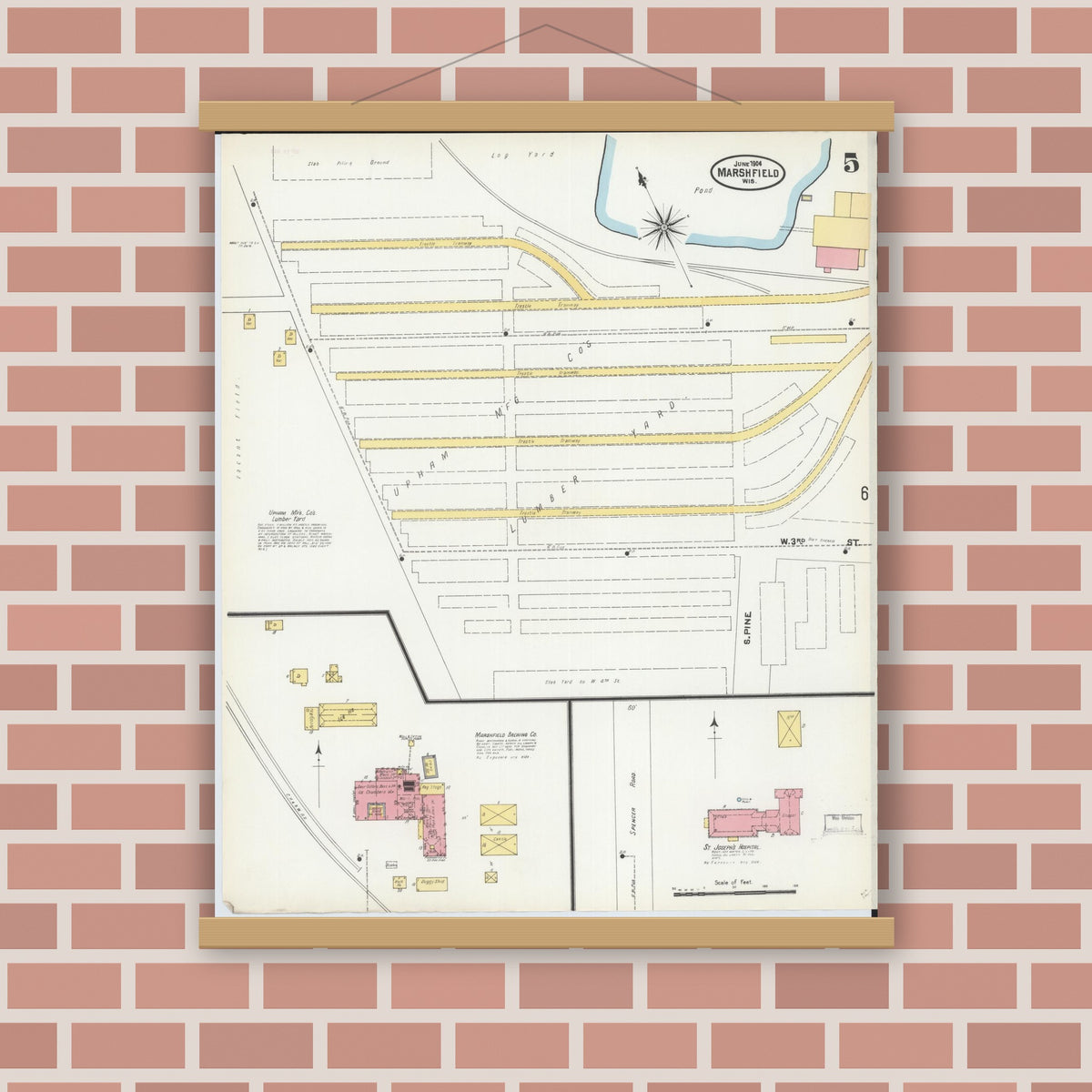 Old map wall art mockup — magnetic wood frame on brick wall — Sanborn Fire Insurance Map from Marshfield, Wood County, Wisconsin (1904), Sheet #0005
