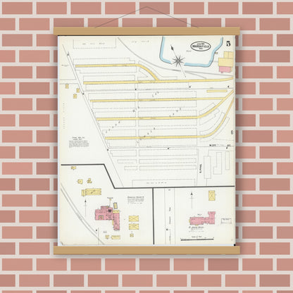 Old map wall art mockup — magnetic wood frame on brick wall — Sanborn Fire Insurance Map from Marshfield, Wood County, Wisconsin (1904), Sheet #0005