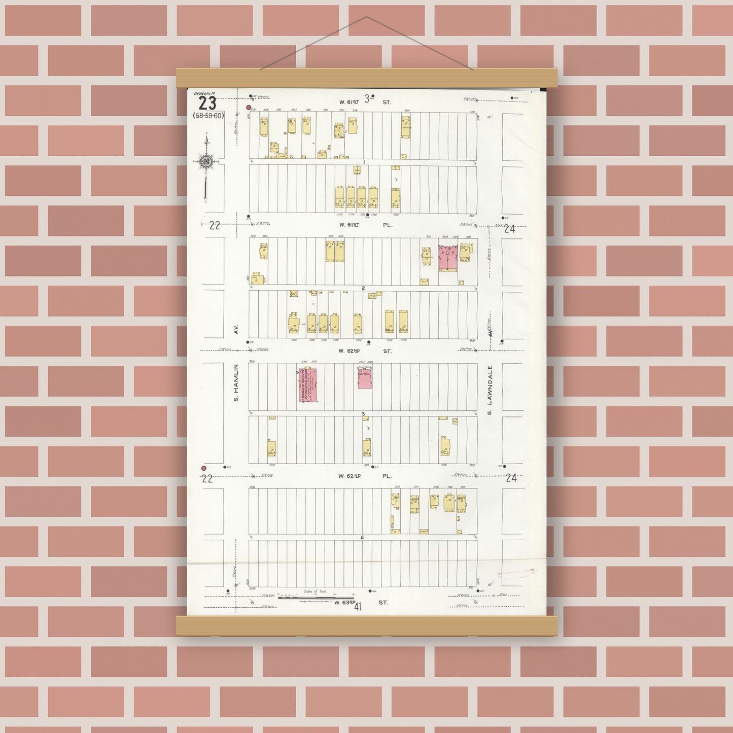 Old map wall art mockup — magnetic wood frame on brick wall — Sanborn Fire Insurance Map from Chicago, Cook County, Illinois (1920), Sheet #0023