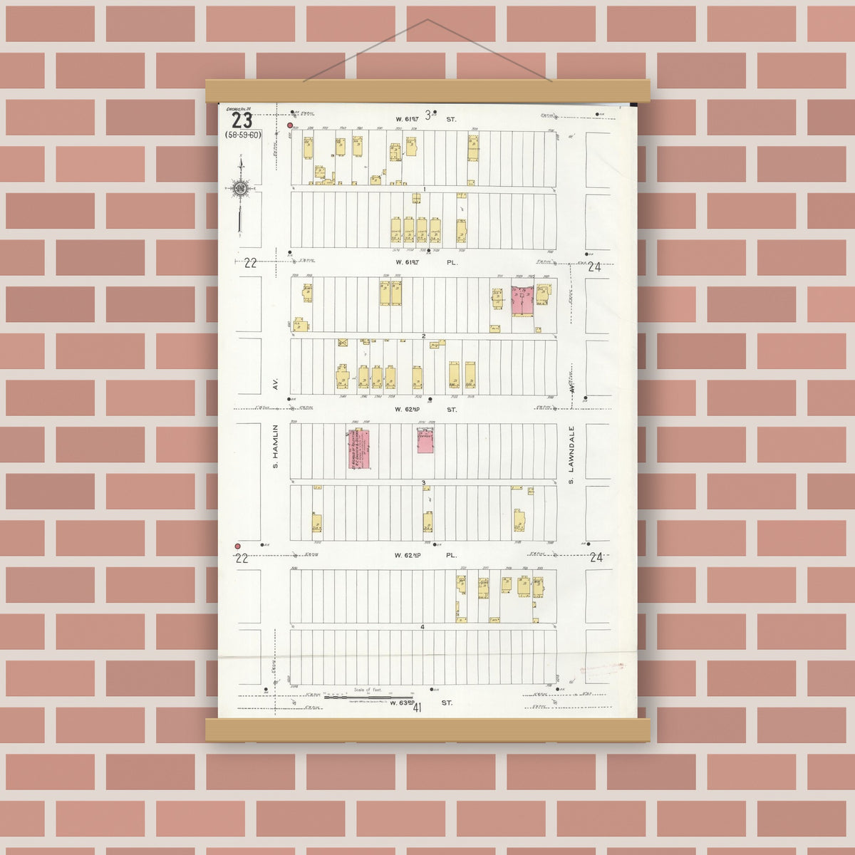 Old map wall art mockup — magnetic wood frame on brick wall — Sanborn Fire Insurance Map from Chicago, Cook County, Illinois (1920), Sheet #0023