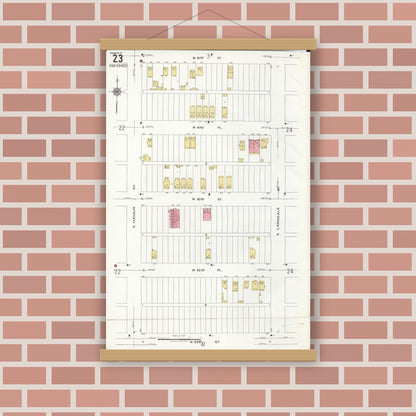 Old map wall art mockup — magnetic wood frame on brick wall — Sanborn Fire Insurance Map from Chicago, Cook County, Illinois (1920), Sheet #0023