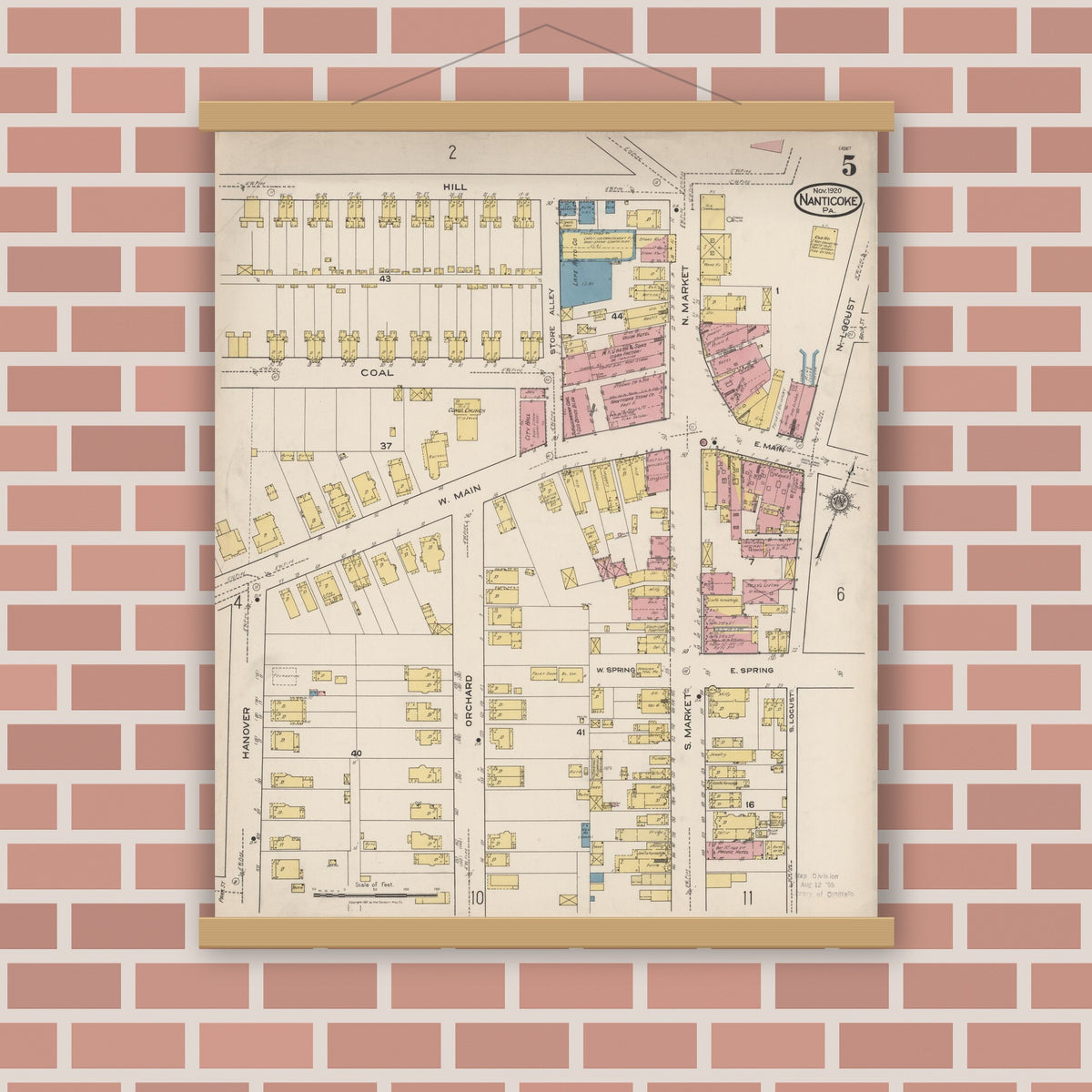 Old map wall art mockup — magnetic wood frame on brick wall — Sanborn Fire Insurance Map from Nanticoke, Luzerne County, Pennsylvania (1920), Sheet #0005