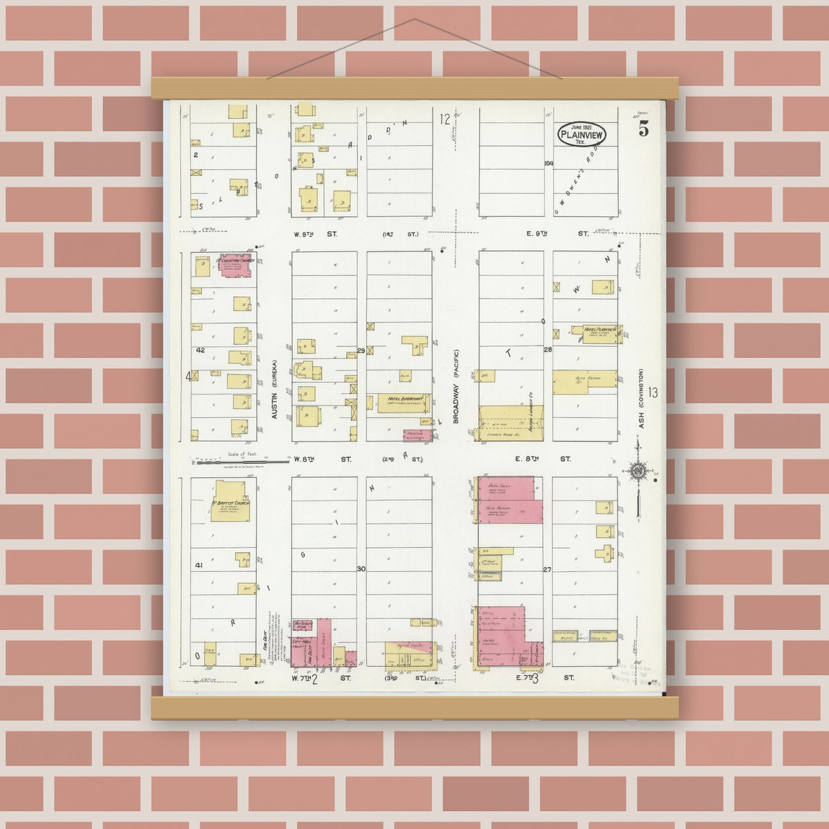 Old map wall art mockup — magnetic wood frame on brick wall — Sanborn Fire Insurance Map from Plainview, Hale County, Texas (1921), Sheet #0005