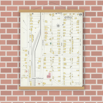 Old map wall art mockup — magnetic wood frame on brick wall — Sanborn Fire Insurance Map from Greensburg, Westmoreland County, Pennsylvania (1903), Sheet #0015