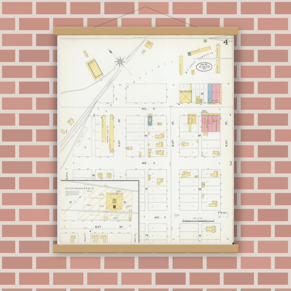 Old map wall art mockup — magnetic wood frame on brick wall — Sanborn Fire Insurance Map from Cisco, Eastland County, Texas (1902), Sheet #0004