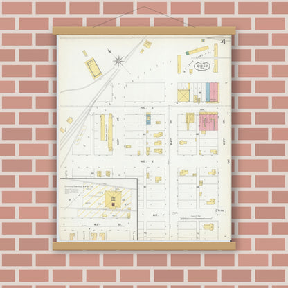 Old map wall art mockup — magnetic wood frame on brick wall — Sanborn Fire Insurance Map from Cisco, Eastland County, Texas (1902), Sheet #0004
