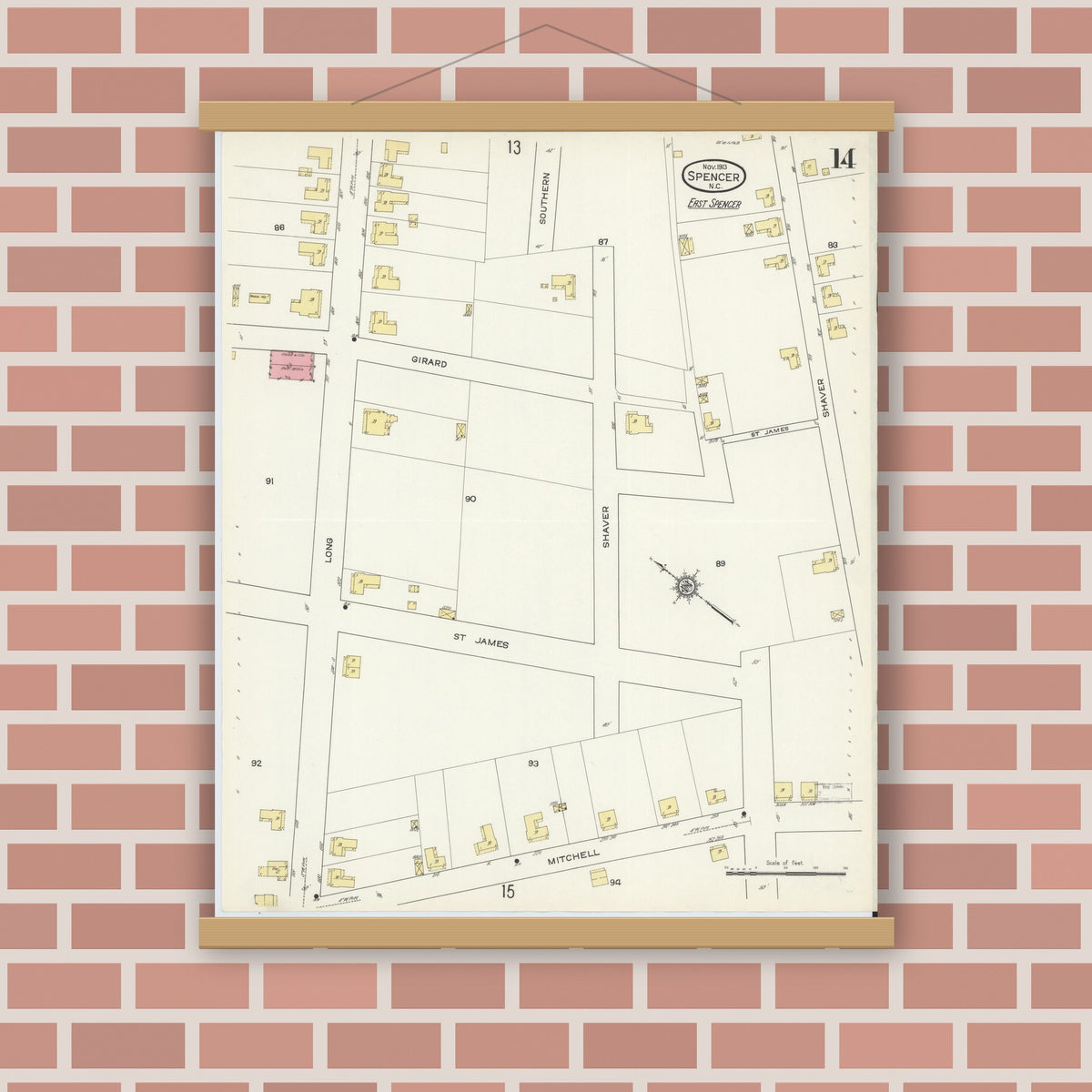 Old map wall art mockup — magnetic wood frame on brick wall — Sanborn Fire Insurance Map from Spencer, Rowan County, North Carolina (1913), Sheet #0014