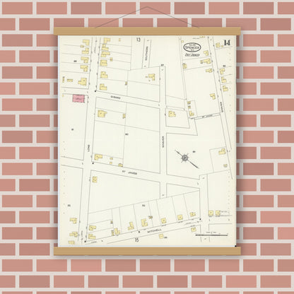 Old map wall art mockup — magnetic wood frame on brick wall — Sanborn Fire Insurance Map from Spencer, Rowan County, North Carolina (1913), Sheet #0014