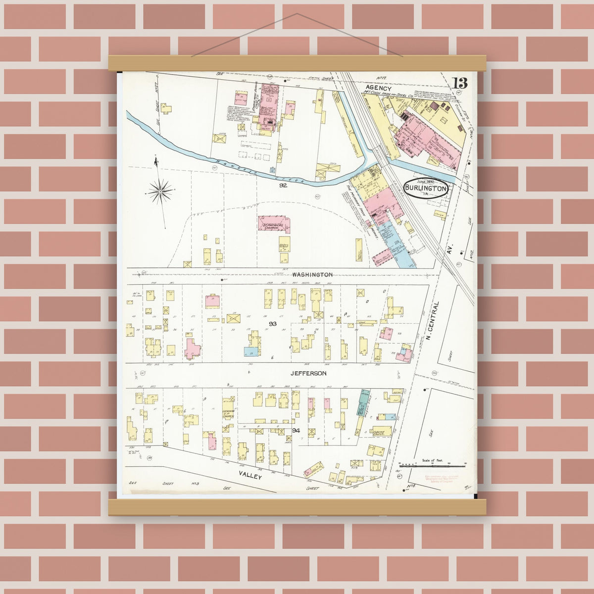 Old map wall art mockup — magnetic wood frame on brick wall — Sanborn Fire Insurance Map from Burlington, Des Moines County, Iowa (1892), Sheet #0013