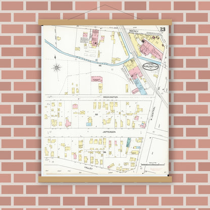 Old map wall art mockup — magnetic wood frame on brick wall — Sanborn Fire Insurance Map from Burlington, Des Moines County, Iowa (1892), Sheet #0013