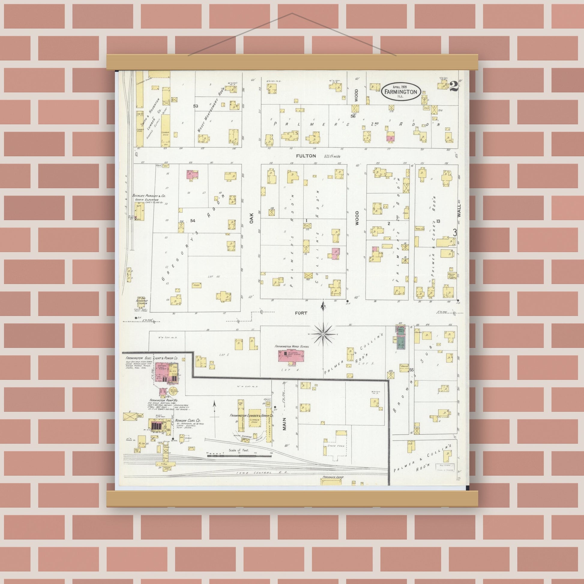 Old map wall art mockup — magnetic wood frame on brick wall — Sanborn Fire Insurance Map from Farmington, Fulton County, Illinois (1909), Sheet #0002