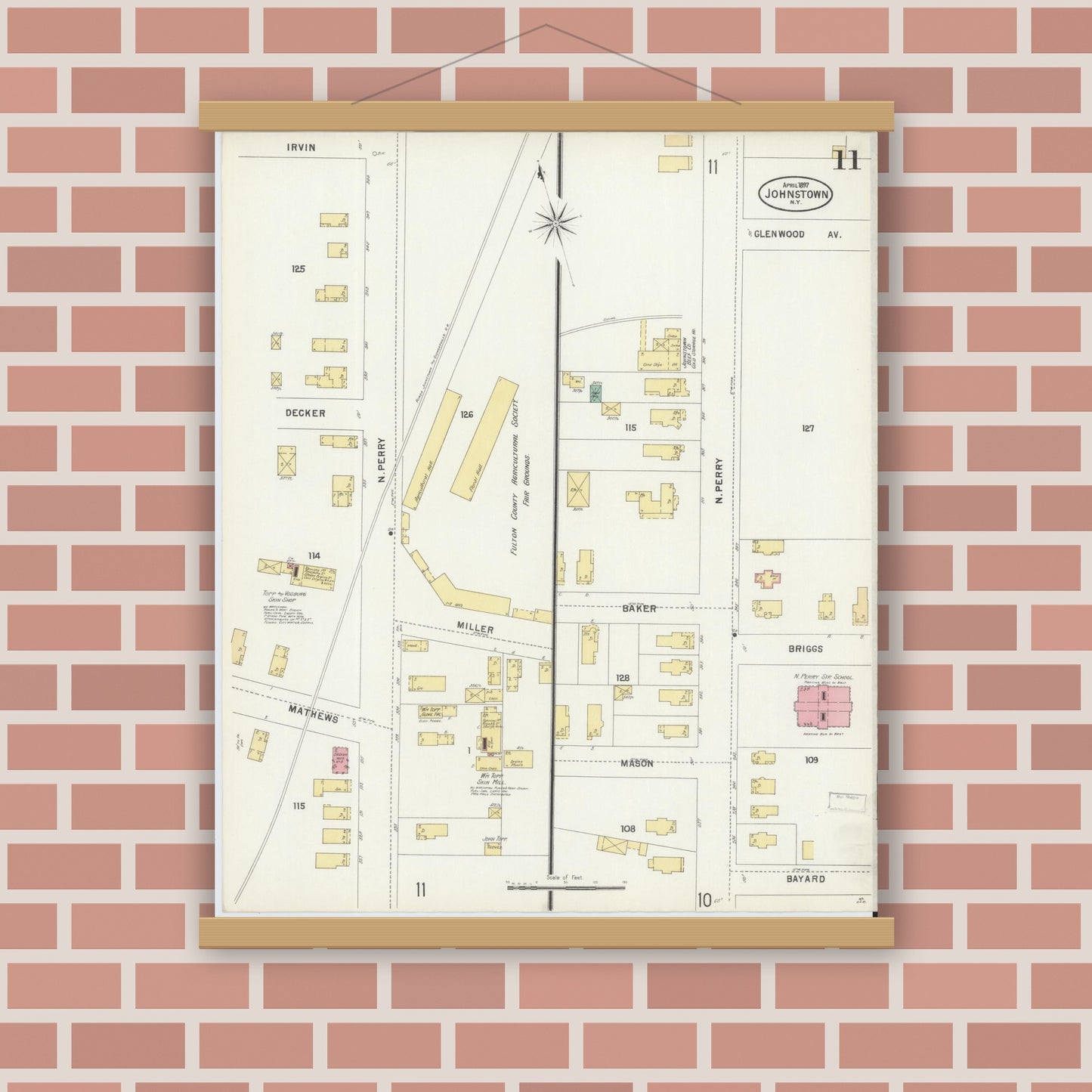 Old map wall art mockup — magnetic wood frame on brick wall — Sanborn Fire Insurance Map from Johnstown, Fulton County, New York (1897), Sheet #0011