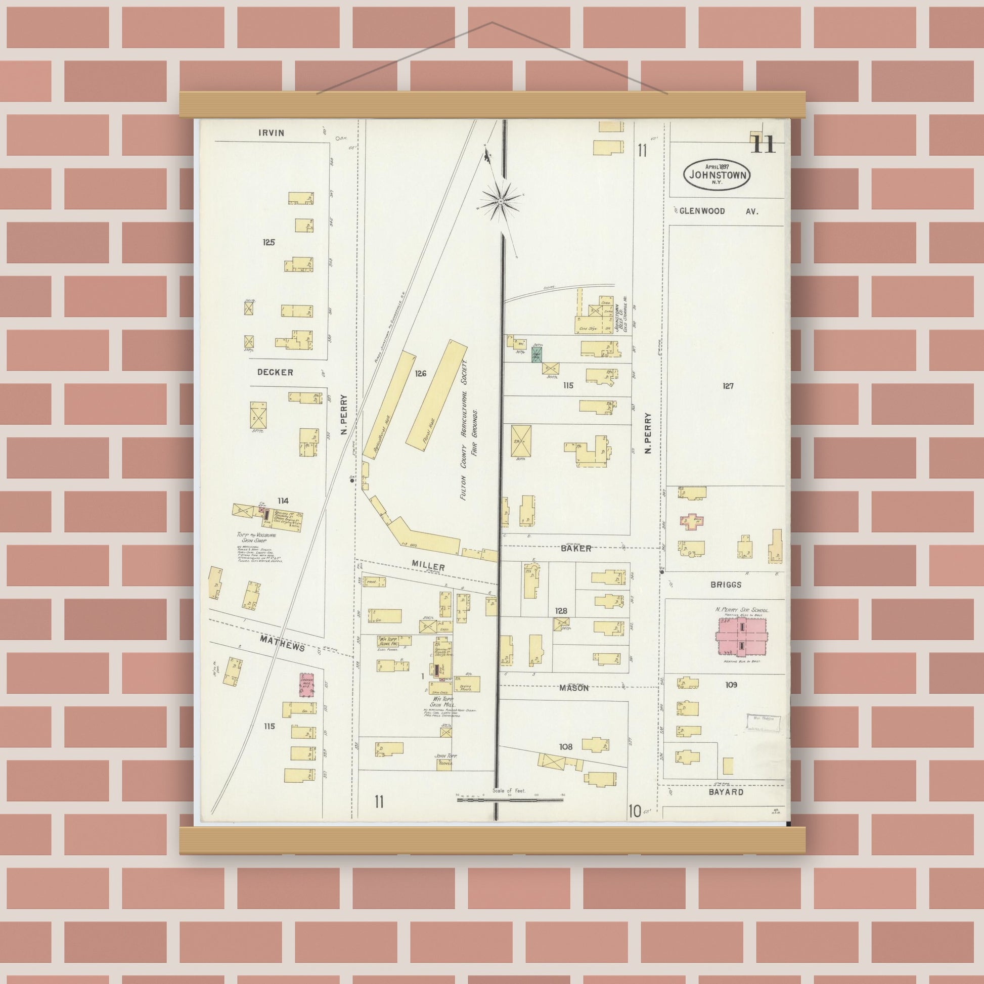 Old map wall art mockup — magnetic wood frame on brick wall — Sanborn Fire Insurance Map from Johnstown, Fulton County, New York (1897), Sheet #0011