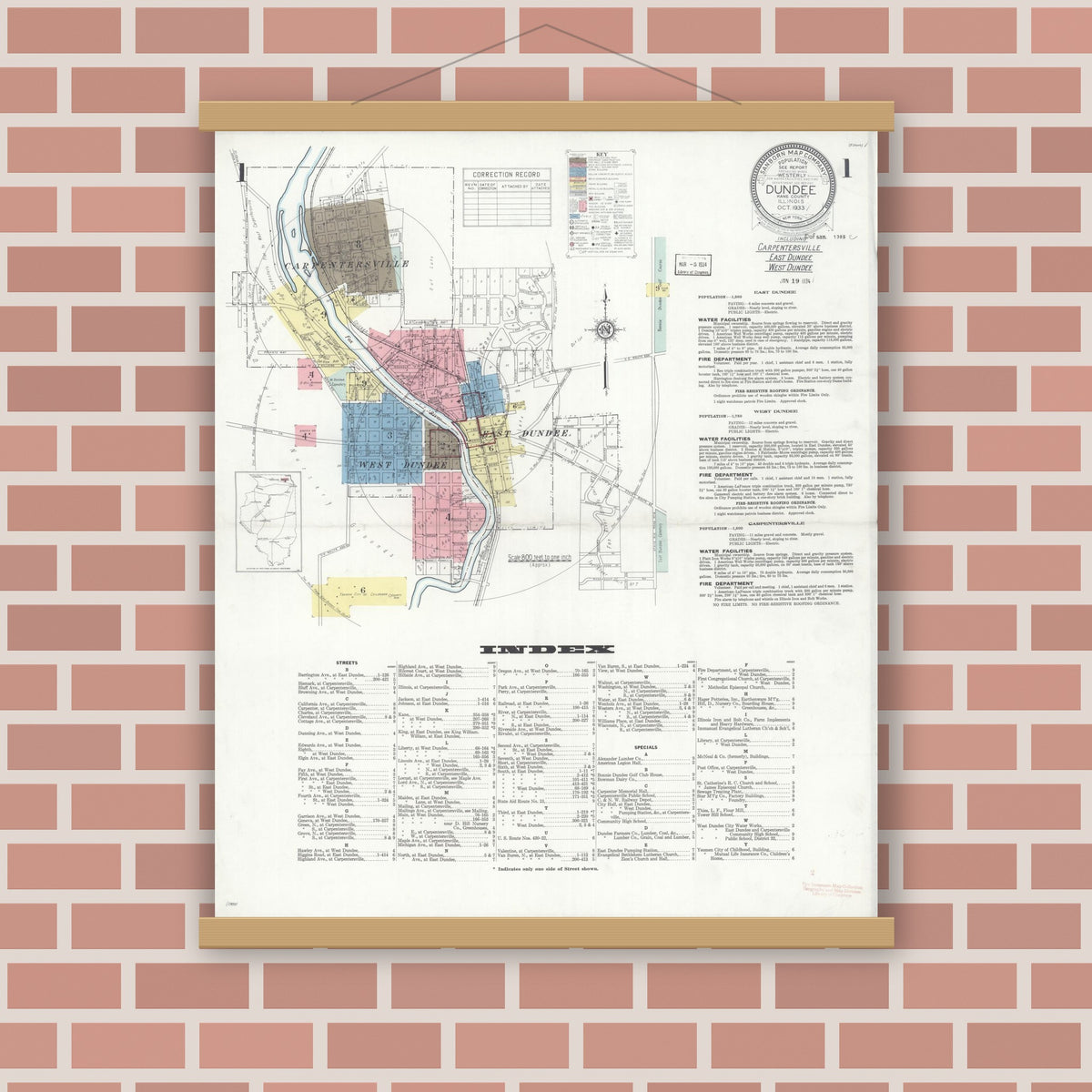 Old map wall art mockup — magnetic wood frame on brick wall — Sanborn Fire Insurance Map from Dundee, Kane County, Illinois (1933), Sheet #0001