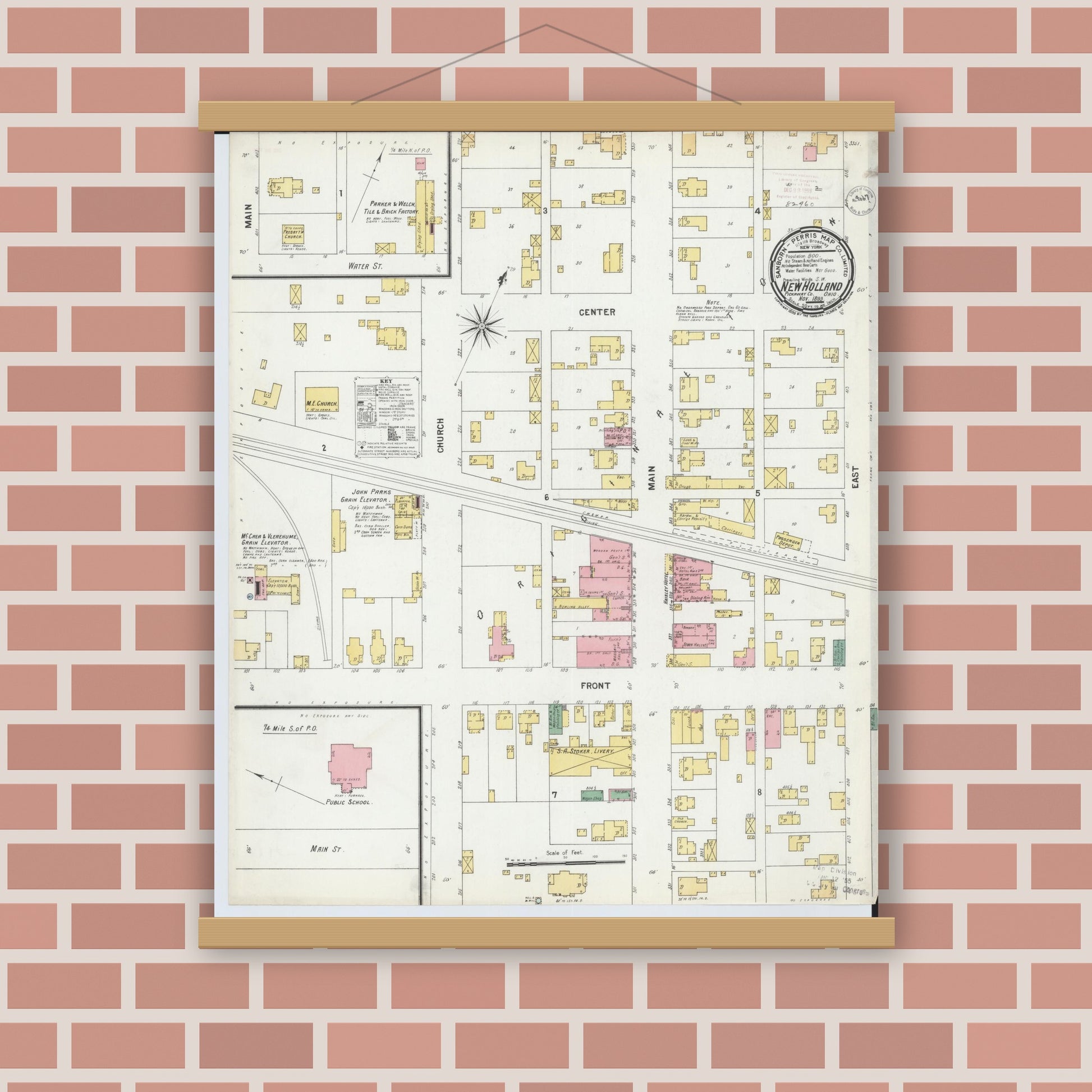 Old map wall art mockup — magnetic wood frame on brick wall — Sanborn Fire Insurance Map from New Holland, Pickaway County, Ohio (1899), Sheet #0001