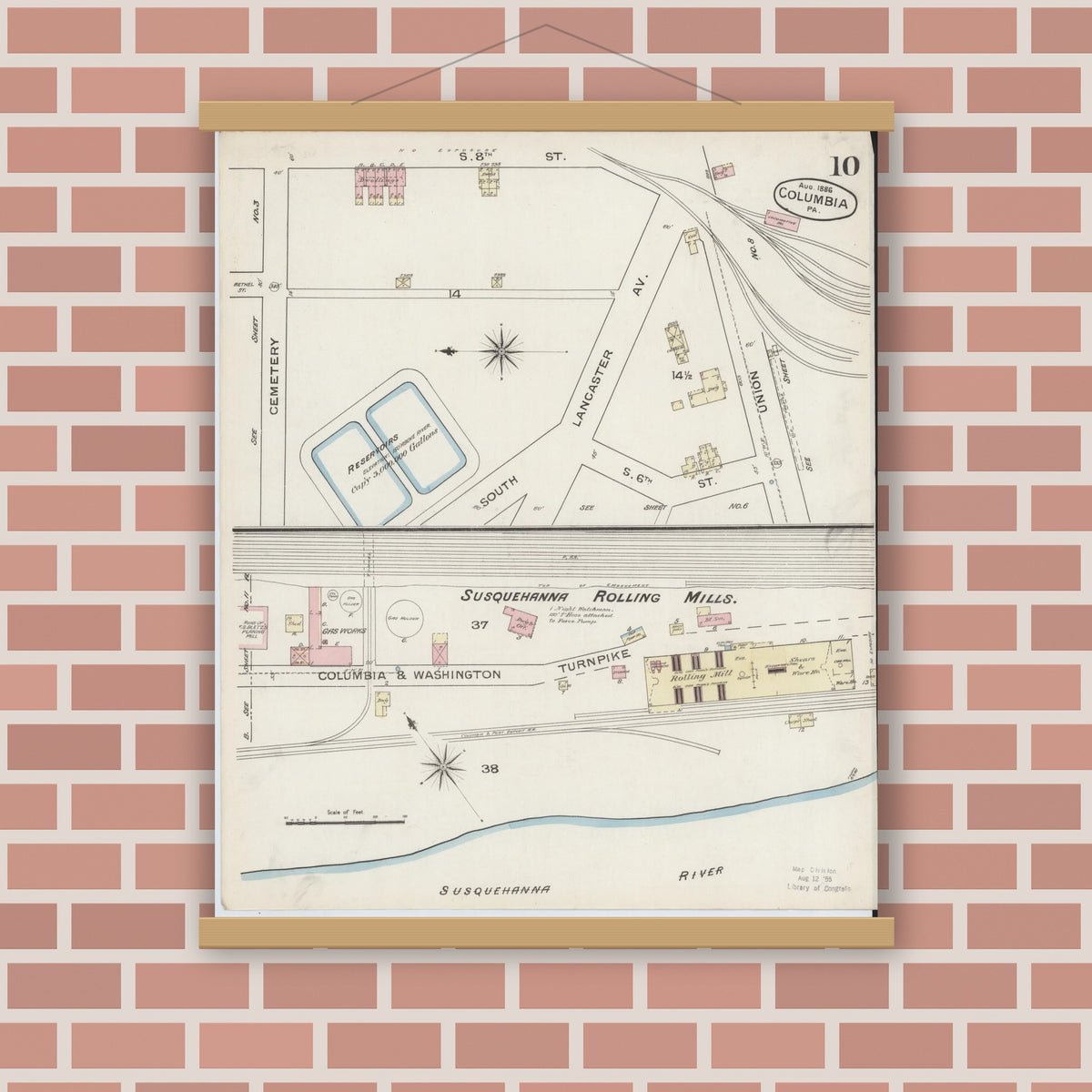 Old map wall art mockup — magnetic wood frame on brick wall — Sanborn Fire Insurance Map from Columbia, Lancaster County, Pennsylvania (1886), Sheet #0010