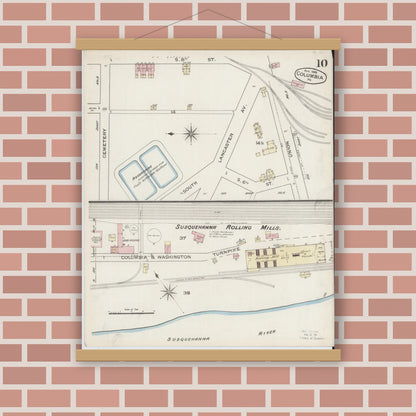 Old map wall art mockup — magnetic wood frame on brick wall — Sanborn Fire Insurance Map from Columbia, Lancaster County, Pennsylvania (1886), Sheet #0010