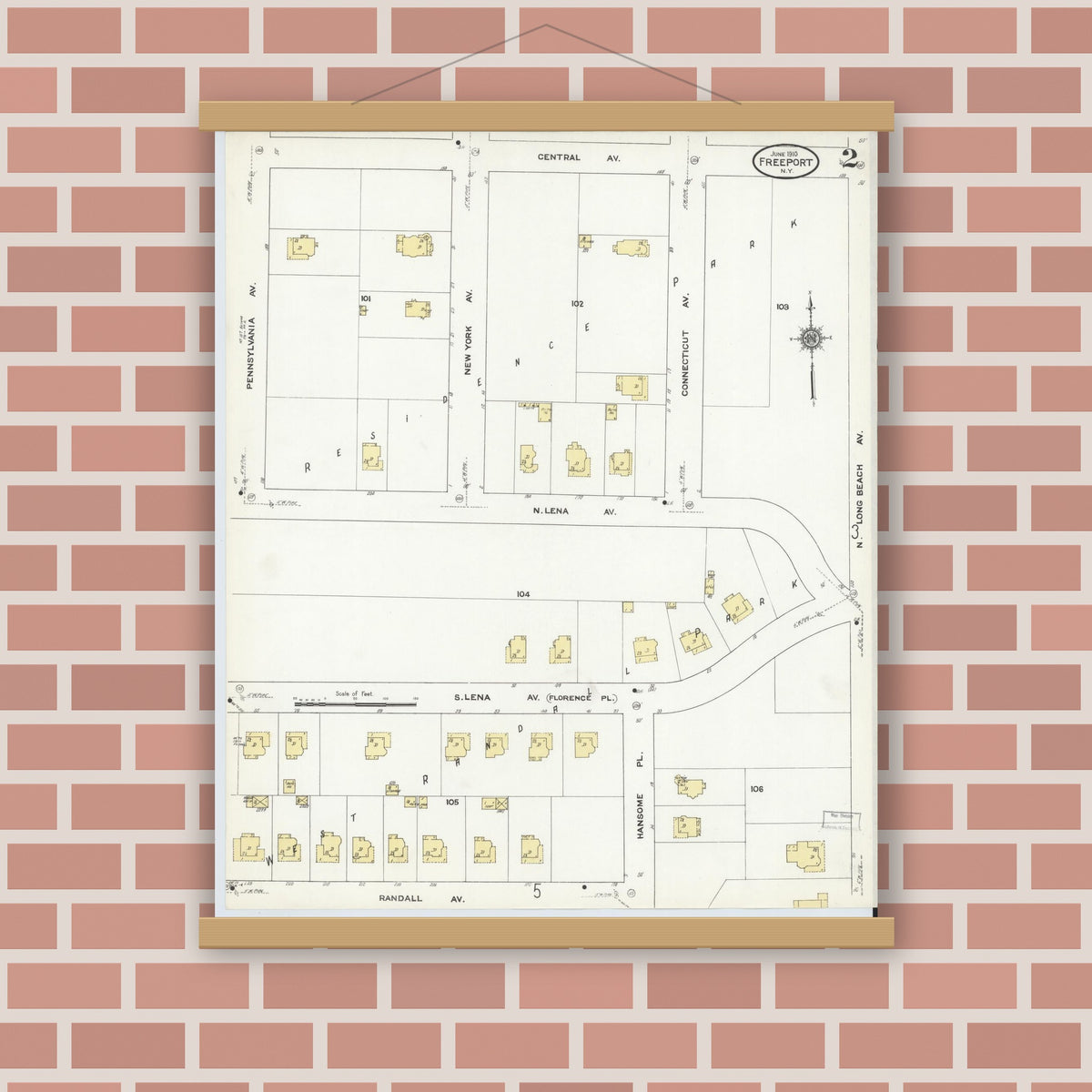 Old map wall art mockup — magnetic wood frame on brick wall — Sanborn Fire Insurance Map from Freeport, Nassau County, New York (1910) - Complete Map Set