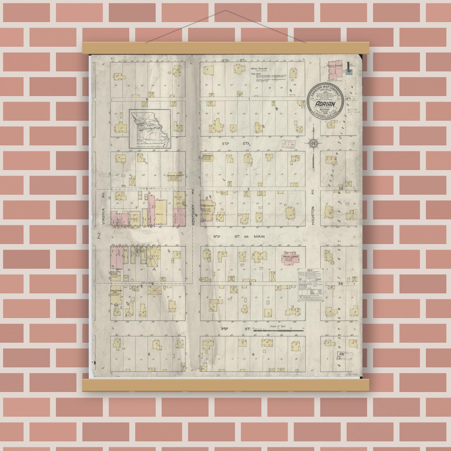 Old map wall art mockup — magnetic wood frame on brick wall — Sanborn Fire Insurance Map from Adrian, Bates County, Missouri (1914) - Complete Map Set